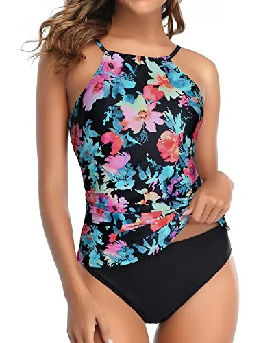 Charming Adjustable Neckline Two Piece Tankini Swimsuit-Pink Flower Blue