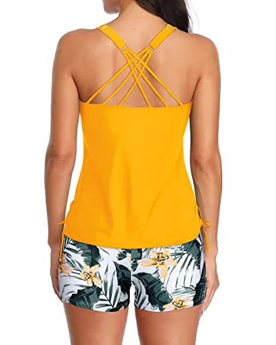 Chic Criss Cross Back Tummy Control Bathing Suit Shorts-Yellow Flowers