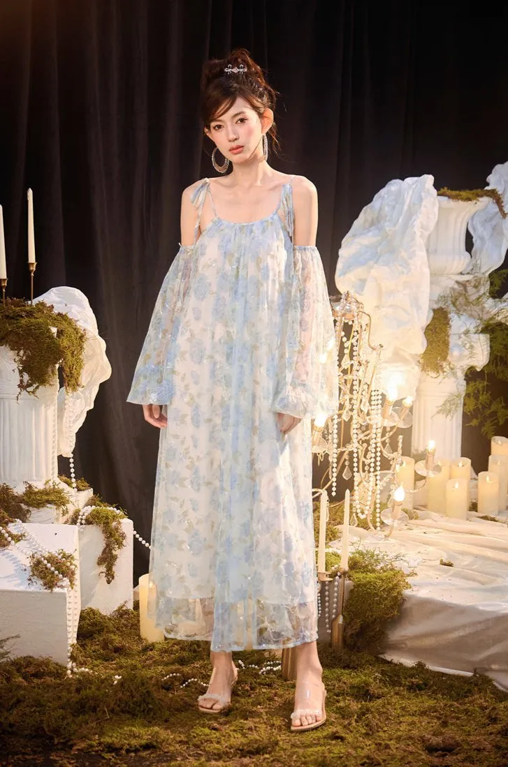DOLLY Elegant Blue French Style Floral Off Shoulder Loose Glitter Resort Dress-TEE