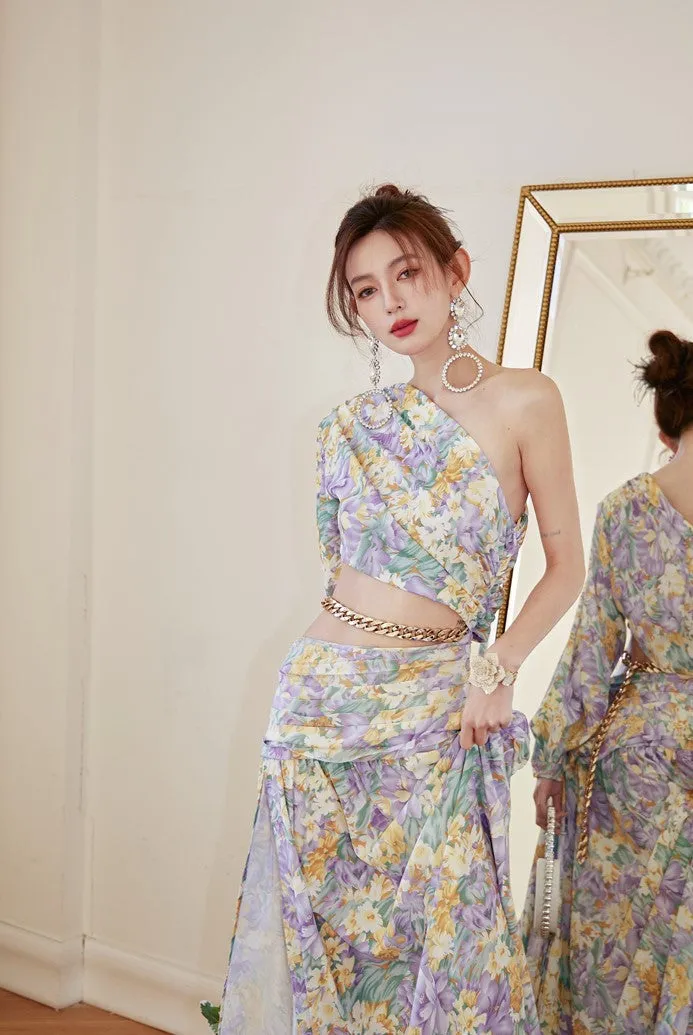 DOLLY Luxury Floral One Sleeve Off Shoulder Waist Baring Slit Resort Dress-LYRA