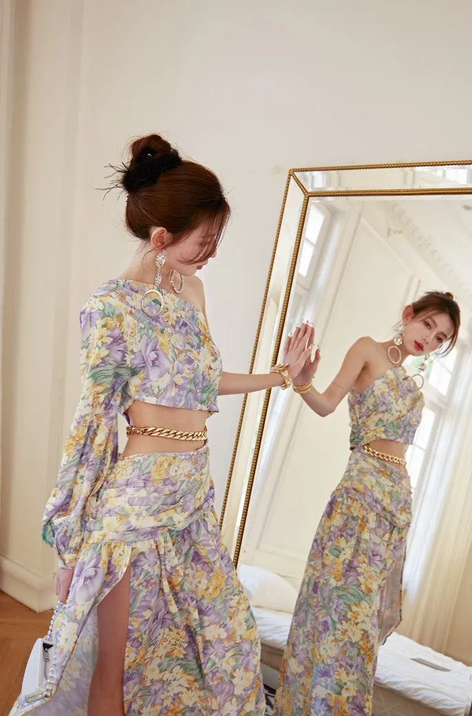 DOLLY Luxury Floral One Sleeve Off Shoulder Waist Baring Slit Resort Dress-LYRA