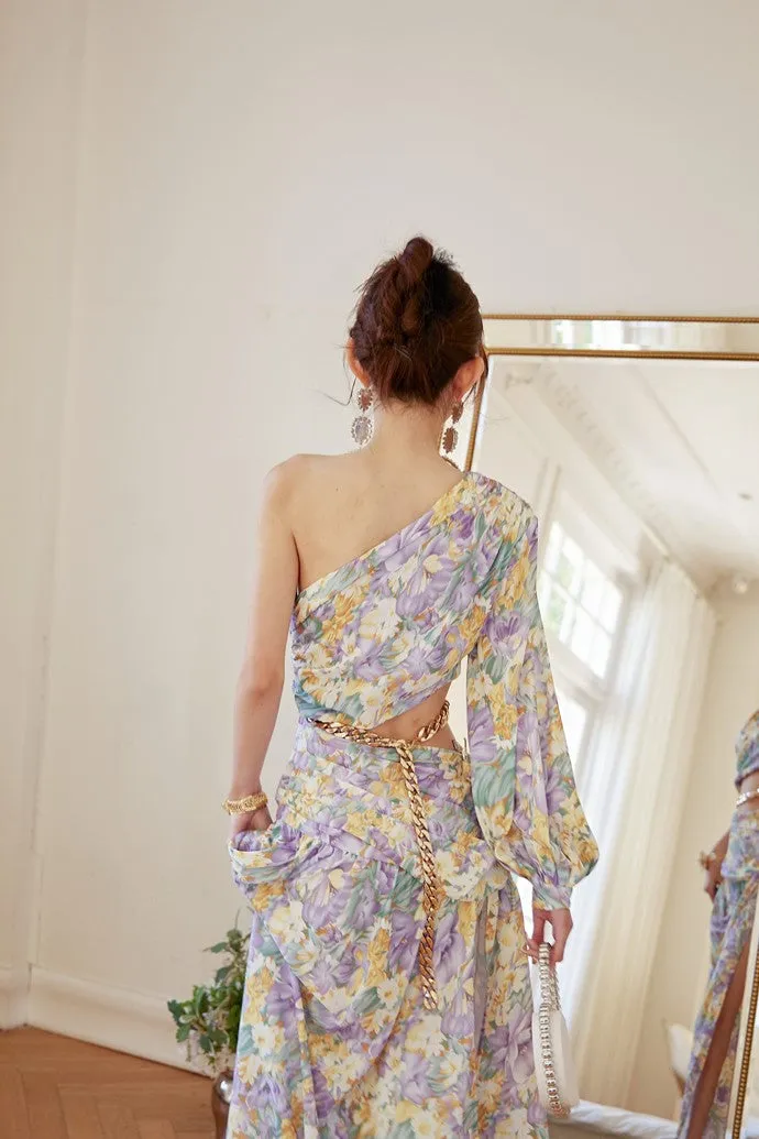 DOLLY Luxury Floral One Sleeve Off Shoulder Waist Baring Slit Resort Dress-LYRA