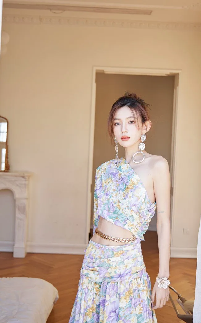 DOLLY Luxury Floral One Sleeve Off Shoulder Waist Baring Slit Resort Dress-LYRA