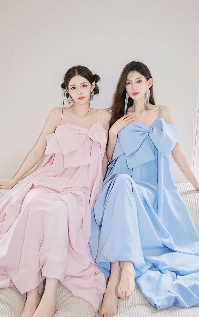 DOLLY Luxury Pink/Blue Sleeveless Big Bow Long Loose Resort hanbok Dress-JIJI