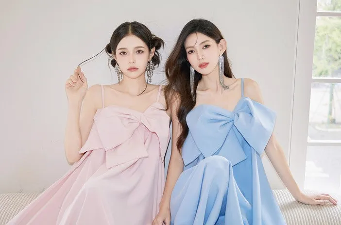 DOLLY Luxury Pink/Blue Sleeveless Big Bow Long Loose Resort hanbok Dress-JIJI