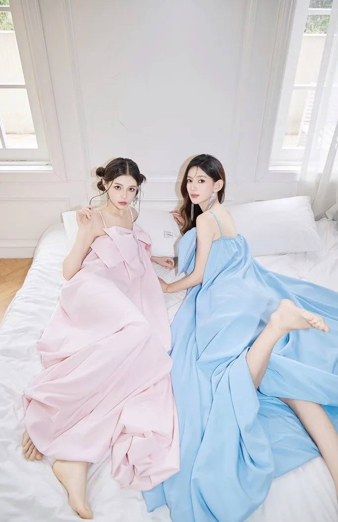 DOLLY Luxury Pink/Blue Sleeveless Big Bow Long Loose Resort hanbok Dress-JIJI