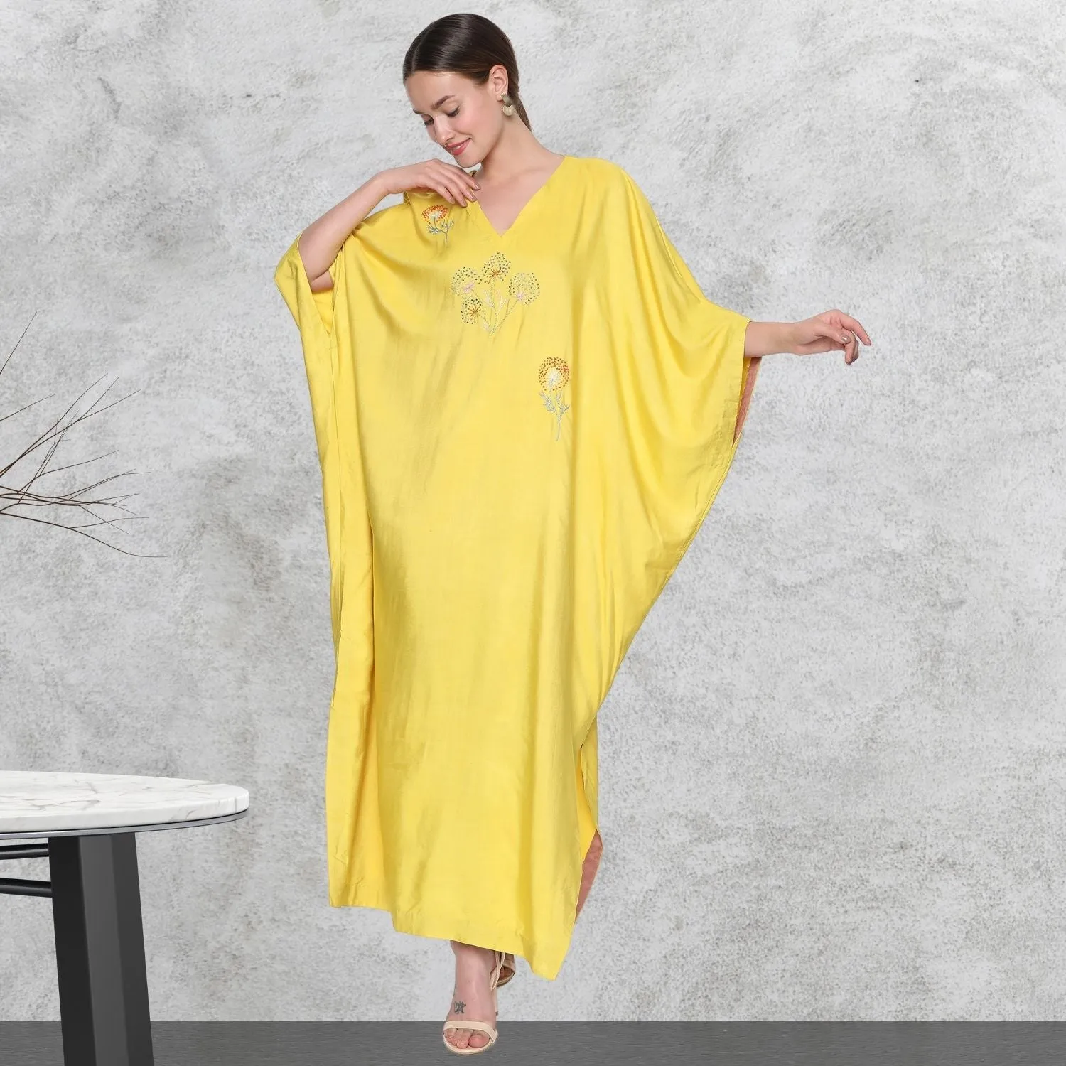 Kaftan Maxi Dress | Hand-Embroidered | Dreamy Drape | Saffron Yellow