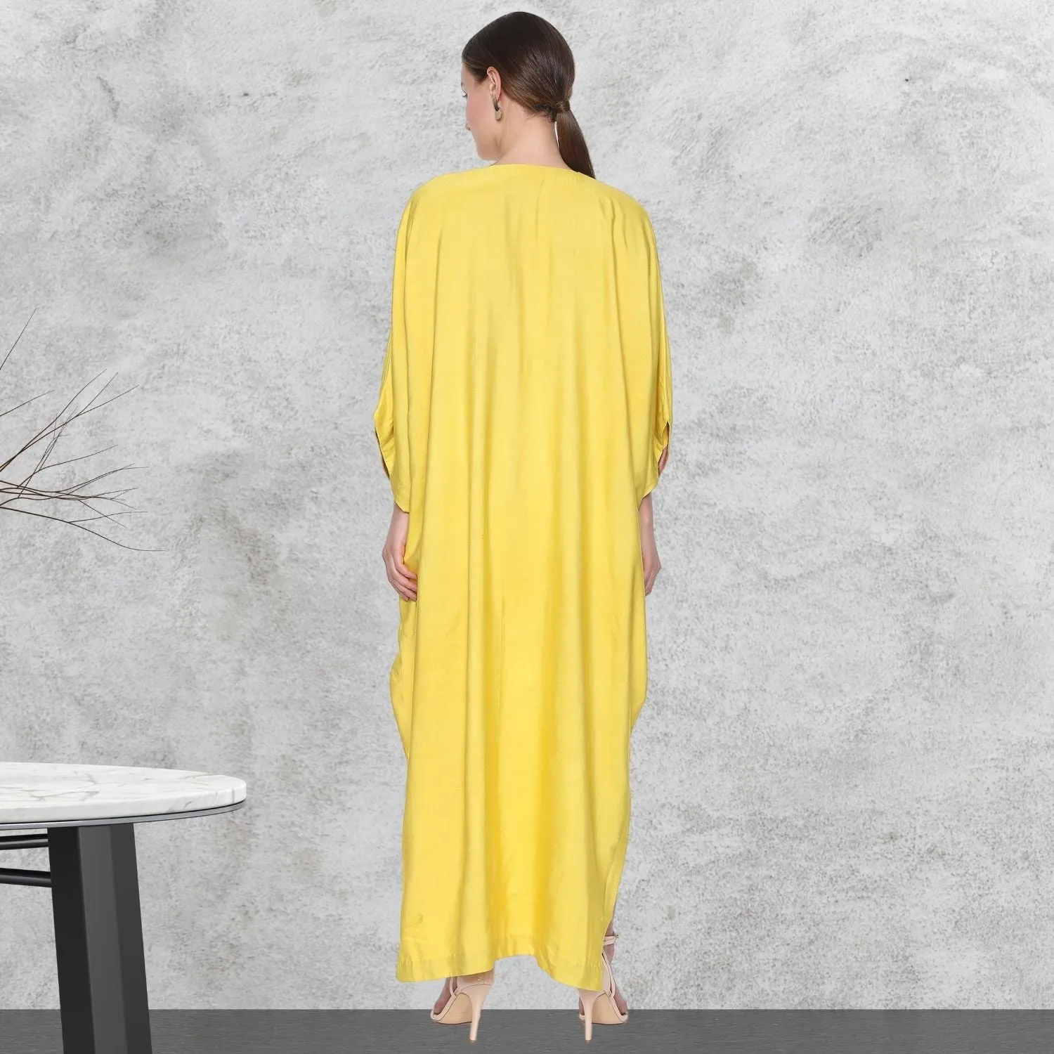 Kaftan Maxi Dress | Hand-Embroidered | Dreamy Drape | Saffron Yellow