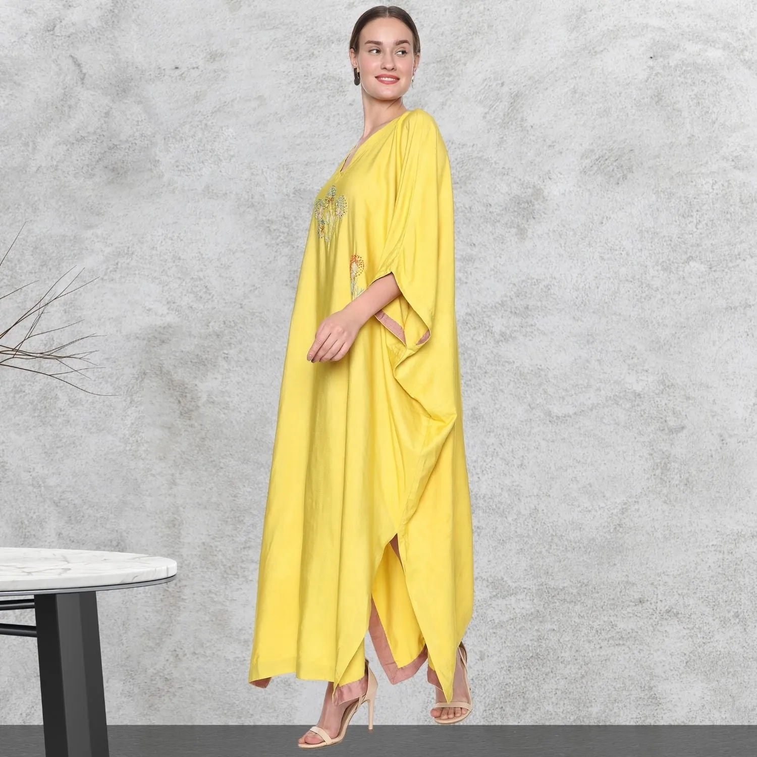 Kaftan Maxi Dress | Hand-Embroidered | Dreamy Drape | Saffron Yellow