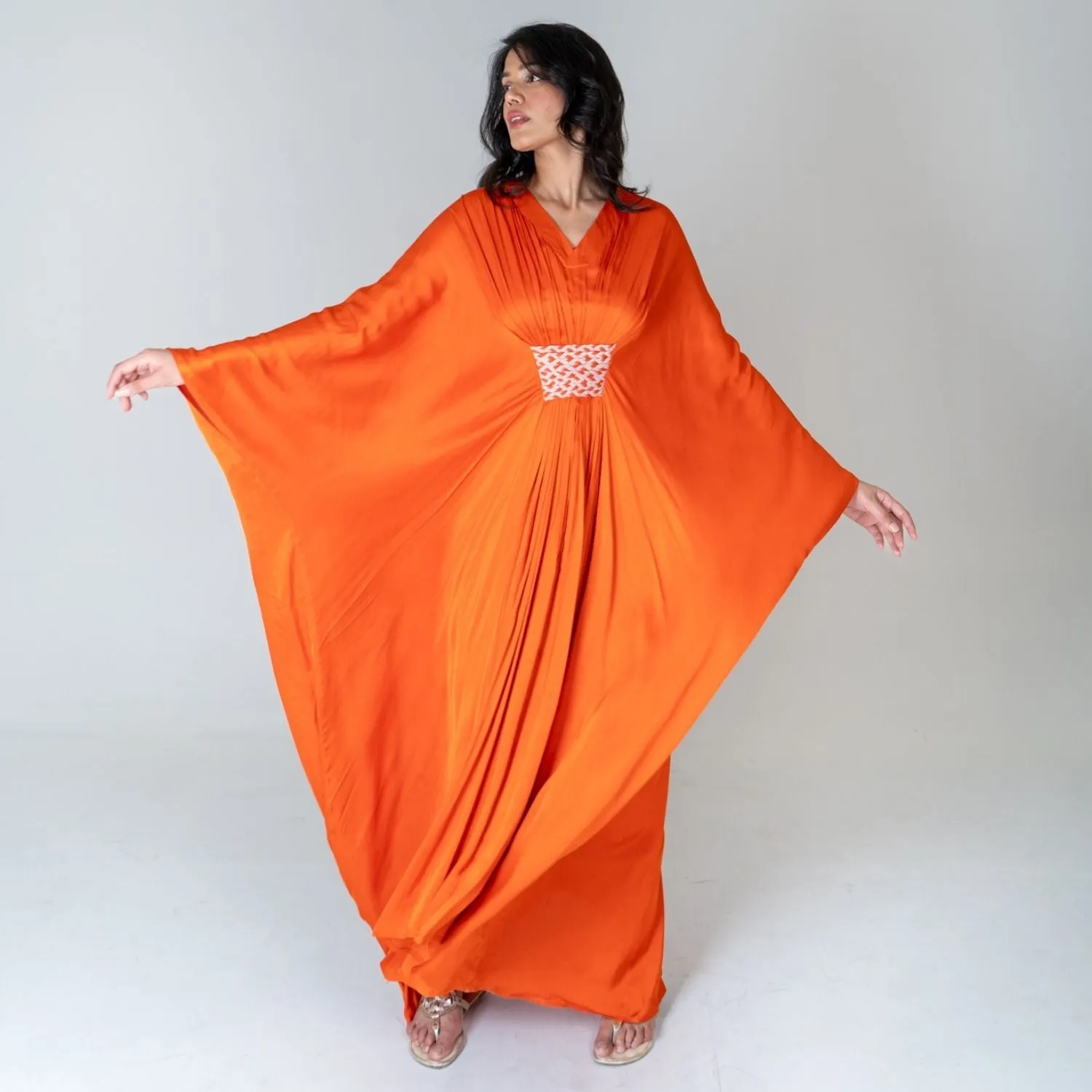 Orange-Pink Braided Long Kaftan | Modal | Timeless elegance