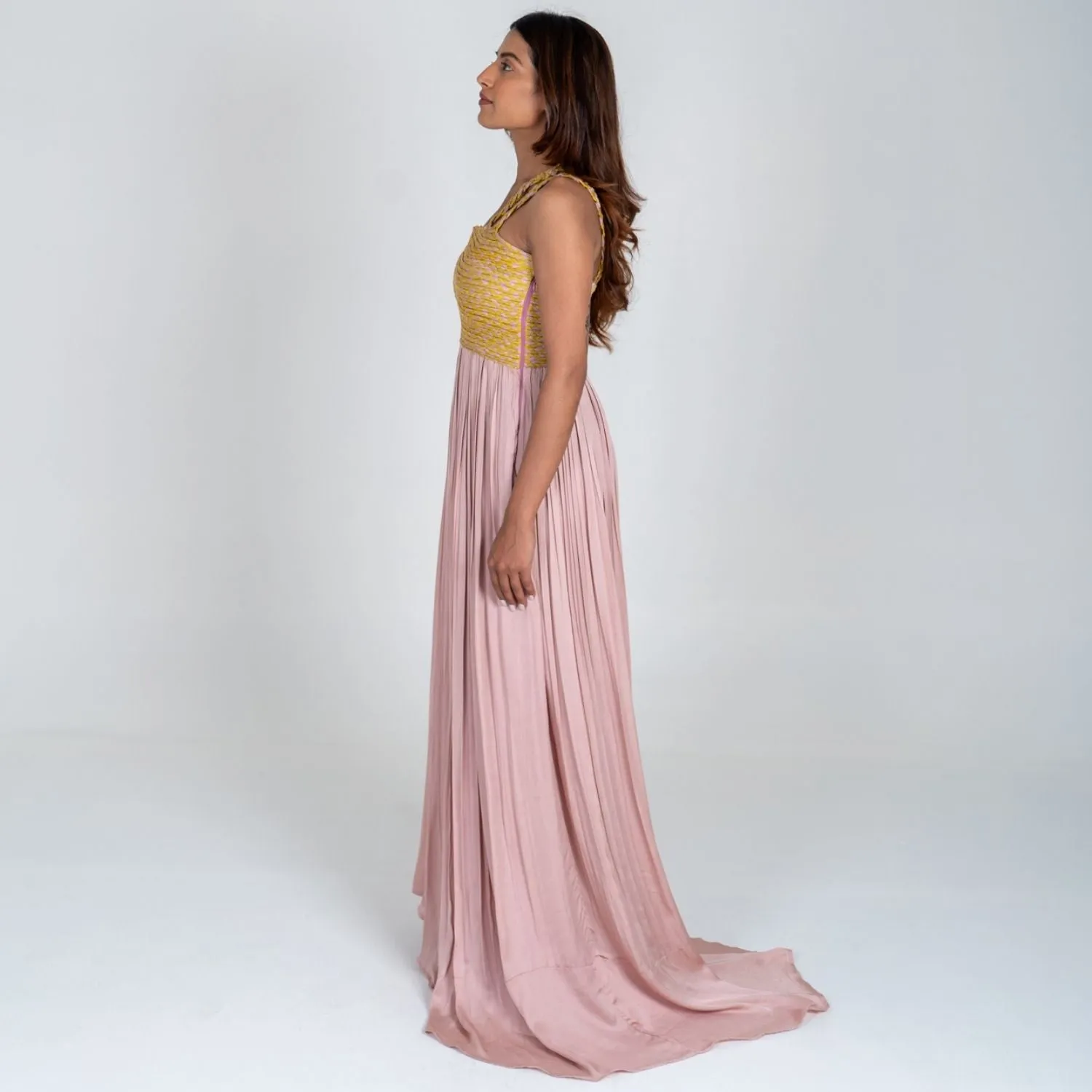 Pink-Yellow Braided Bustier Gather Gown | Contemporary Classics