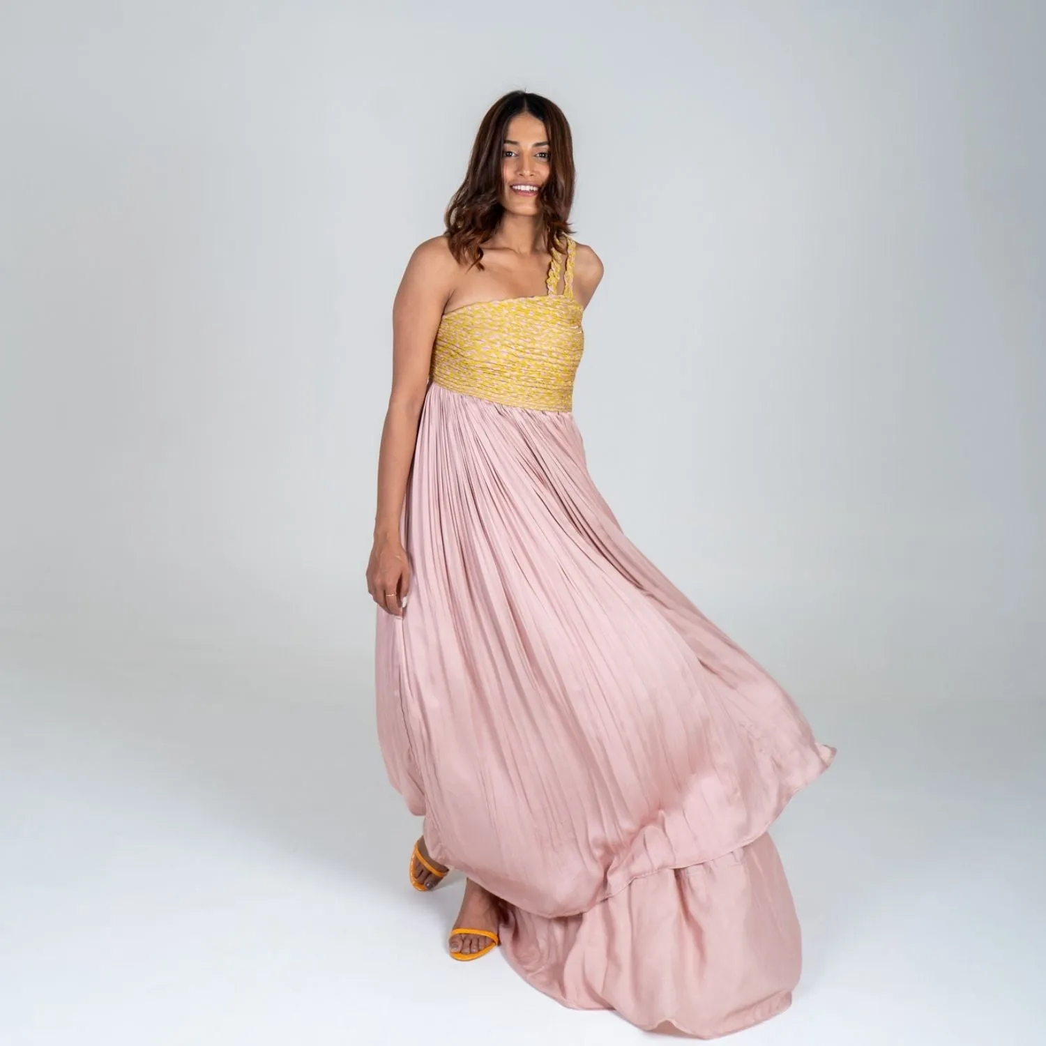 Pink-Yellow Braided Bustier Gather Gown | Contemporary Classics