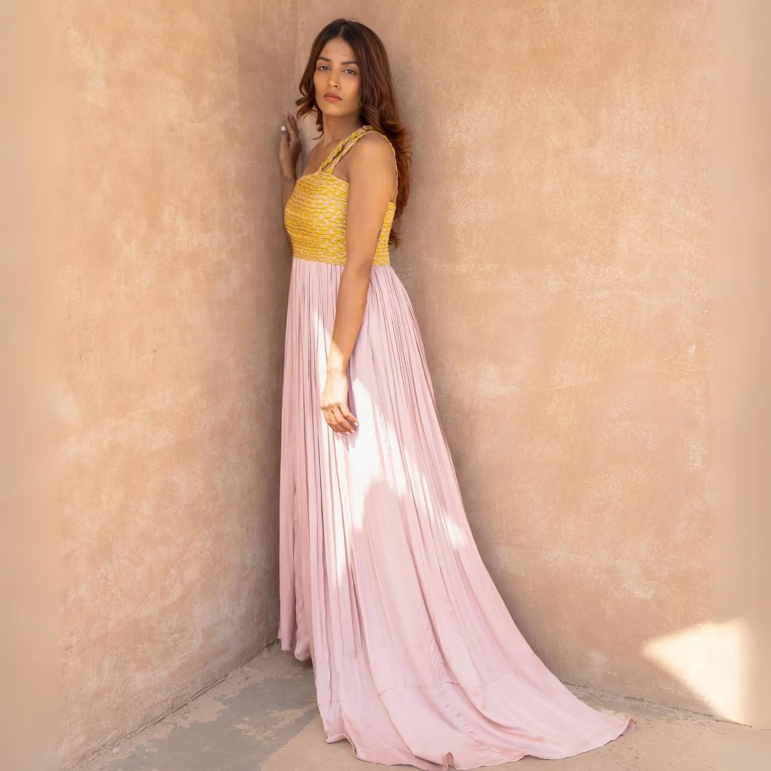 Pink-Yellow Braided Bustier Gather Gown | Contemporary Classics