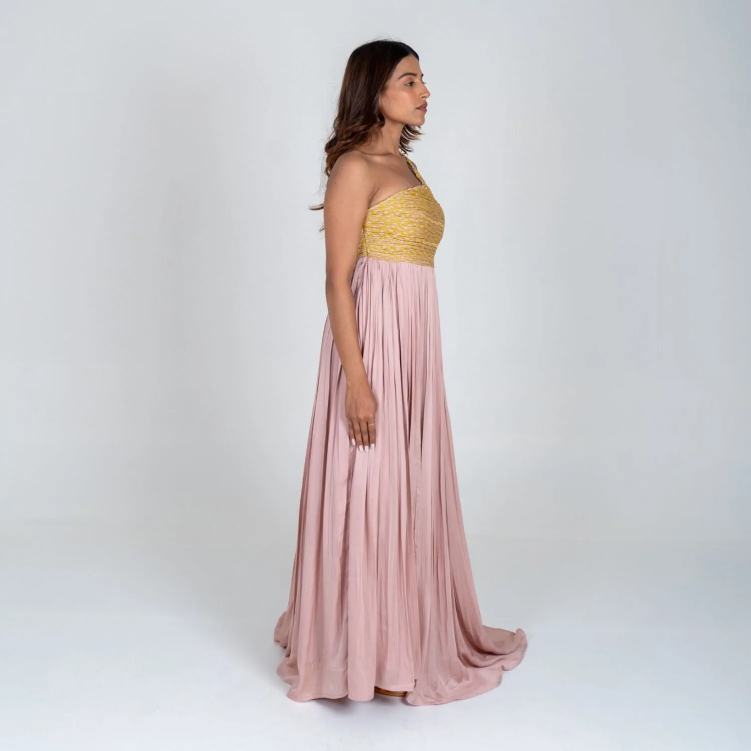 Pink-Yellow Braided Bustier Gather Gown | Contemporary Classics