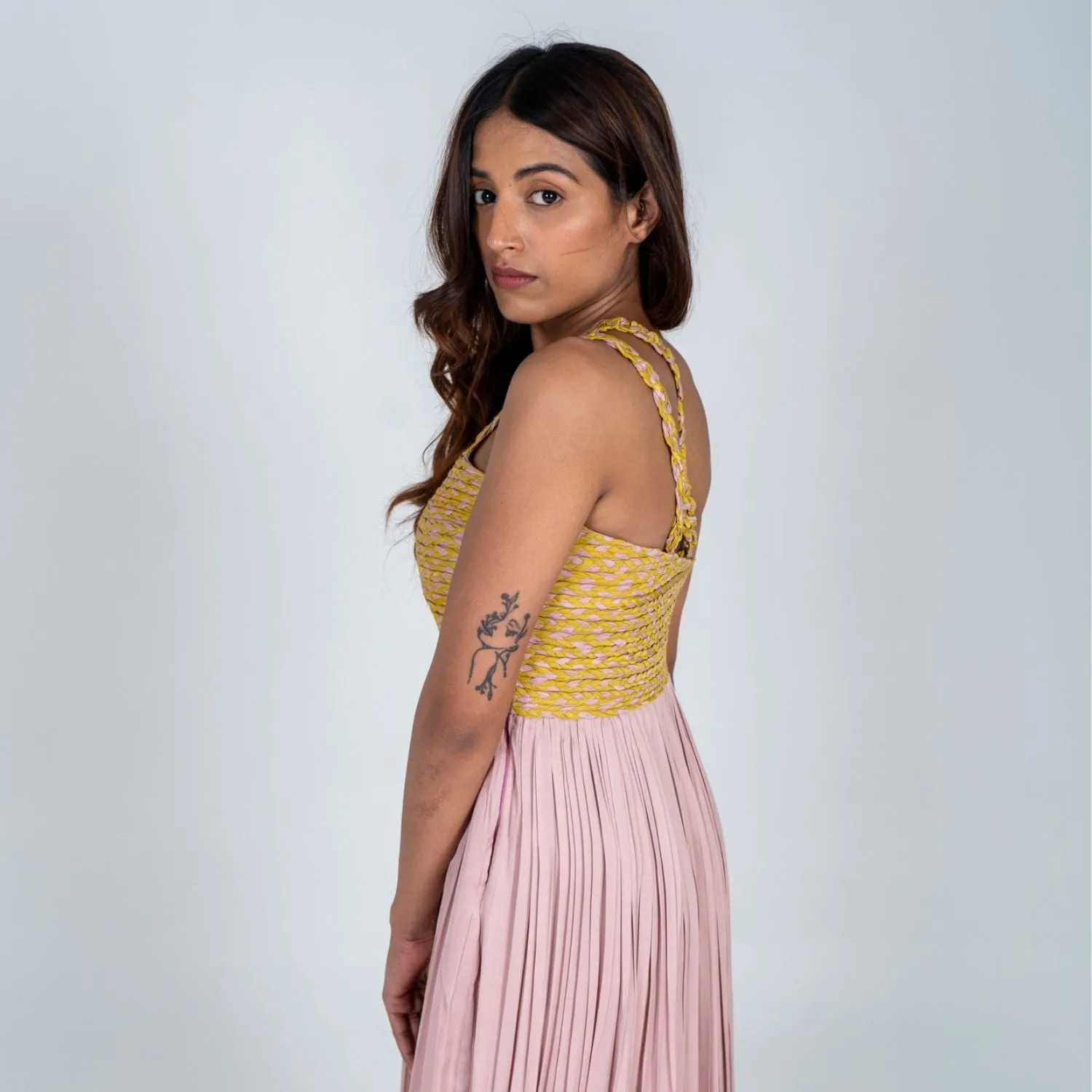 Pink-Yellow Braided Bustier Gather Gown | Contemporary Classics
