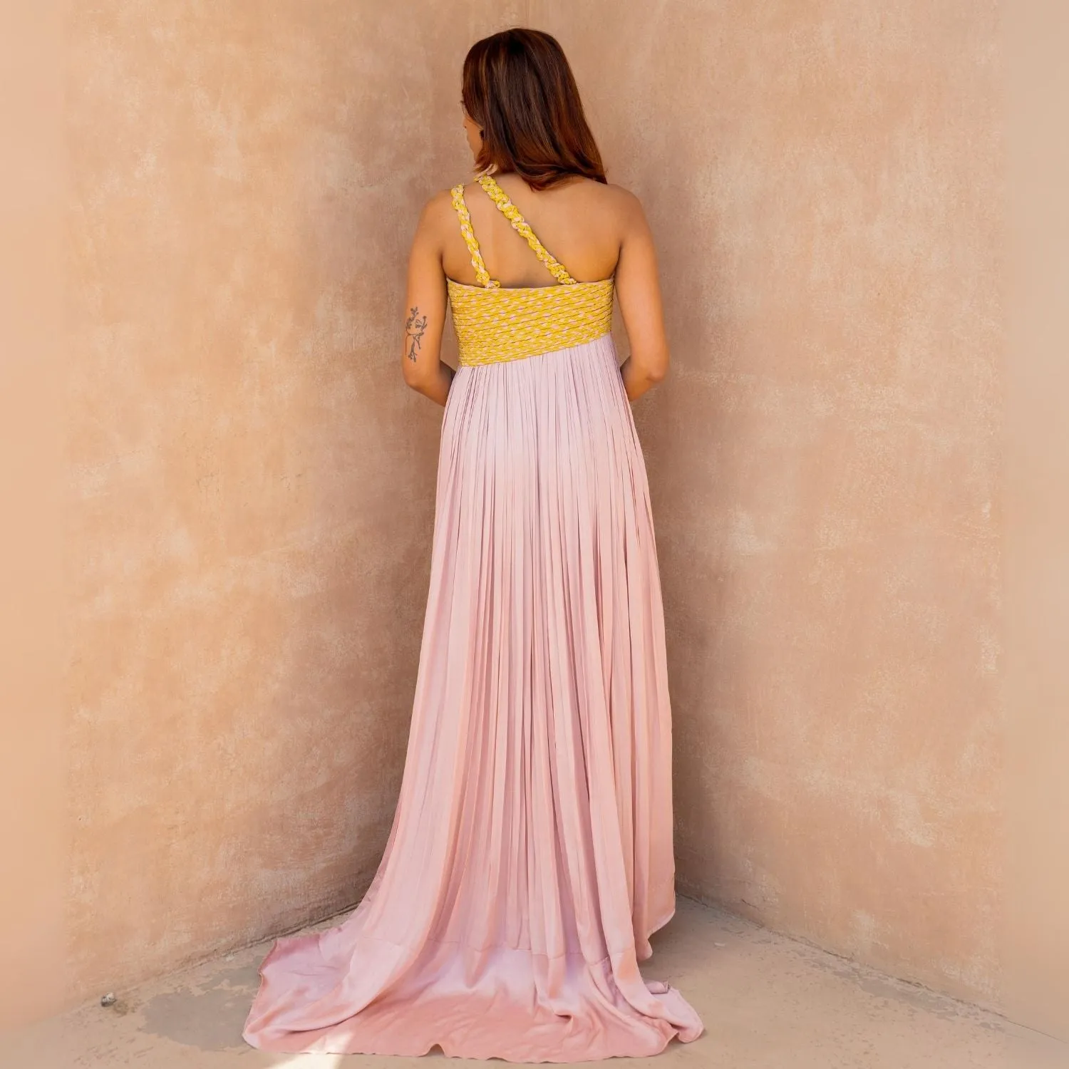 Pink-Yellow Braided Bustier Gather Gown | Contemporary Classics
