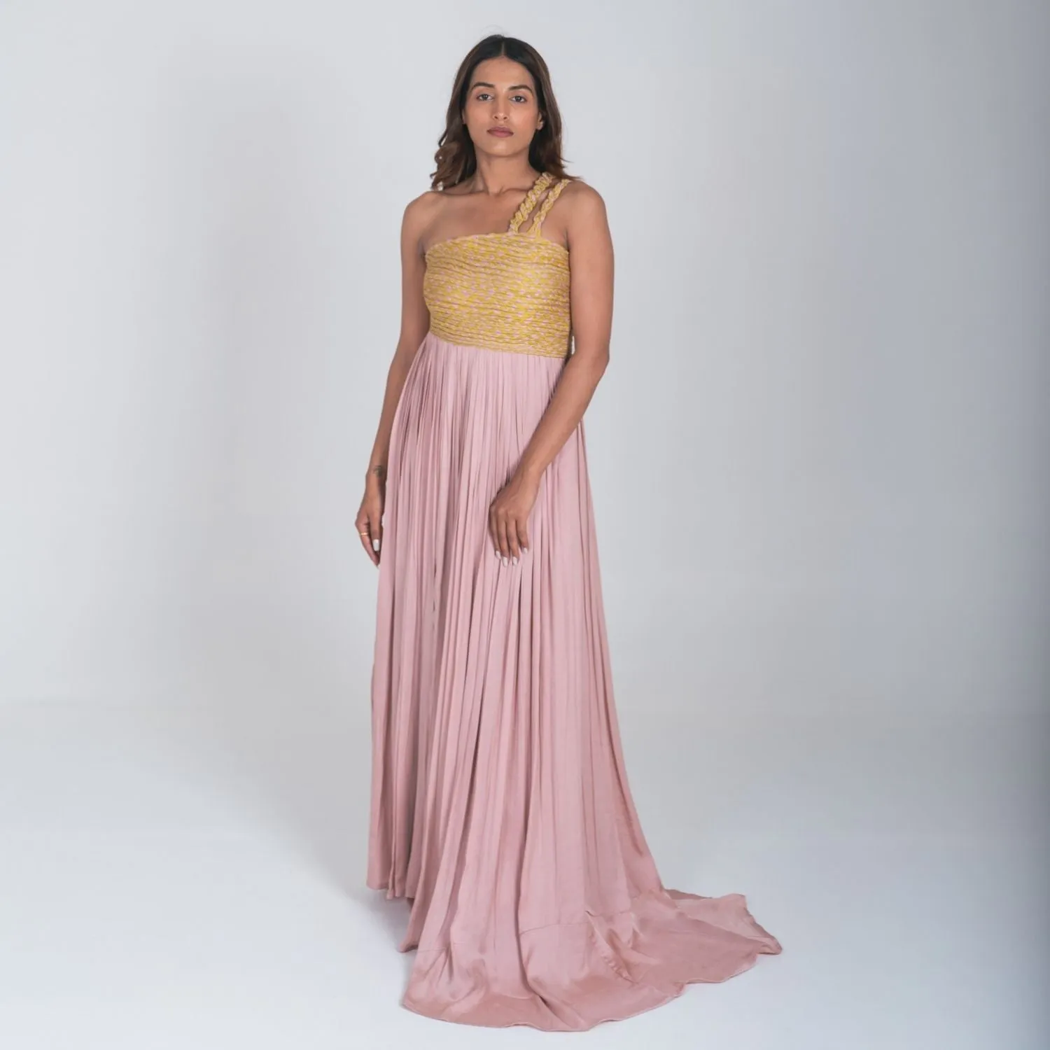Pink-Yellow Braided Bustier Gather Gown | Contemporary Classics