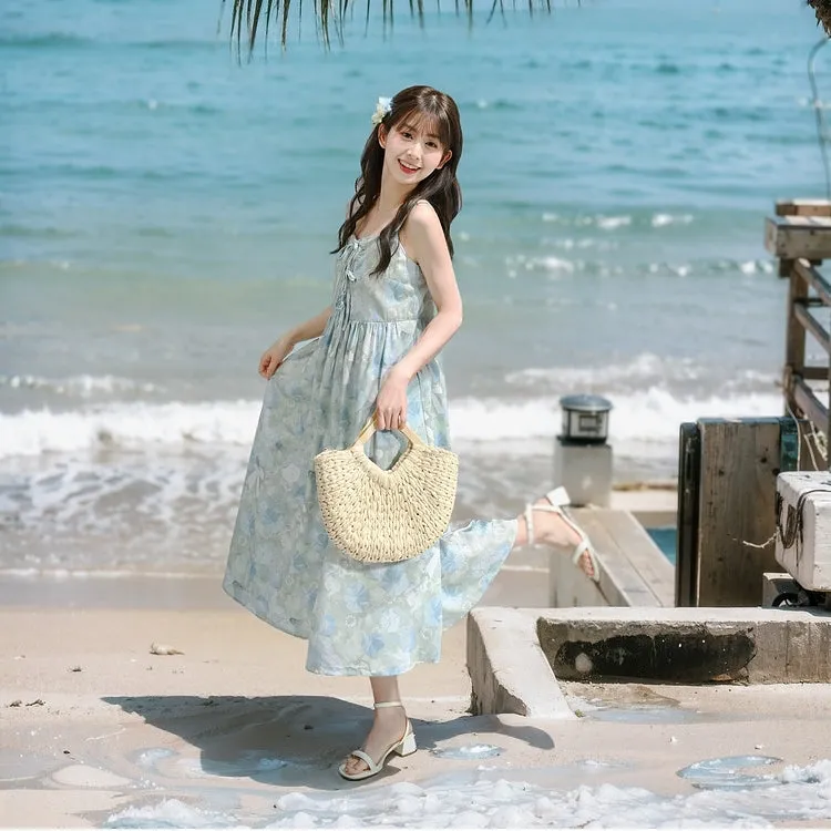 Sweet French Blue Oil Painting Print Suspender Dress