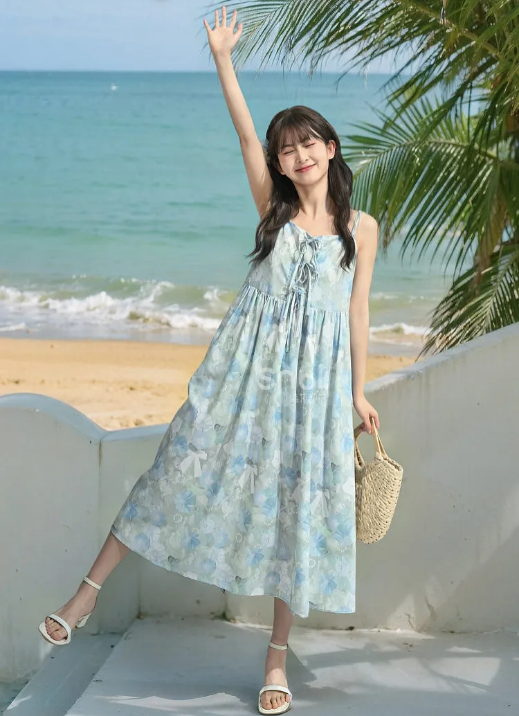 Sweet French Blue Oil Painting Print Suspender Dress