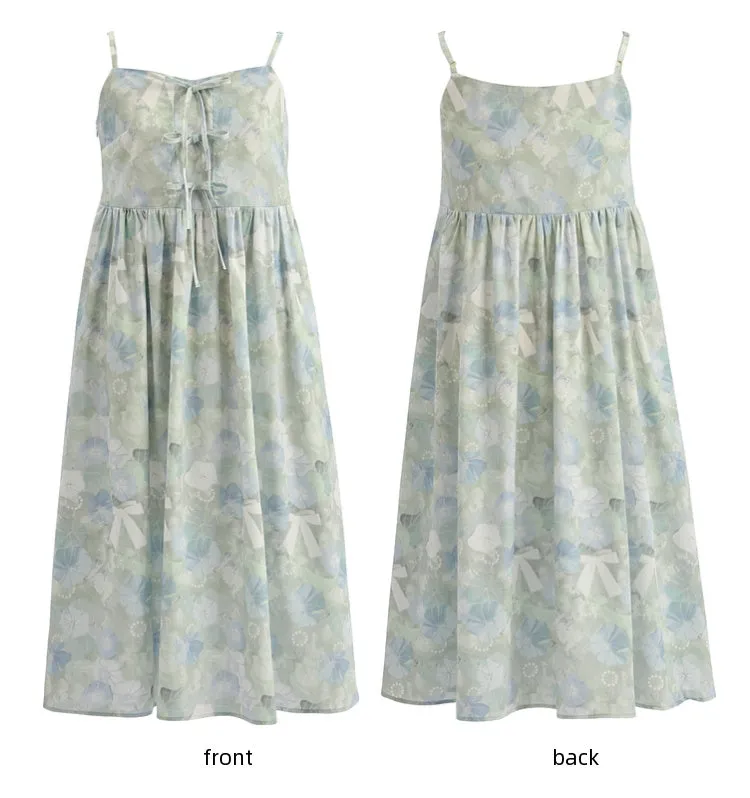 Sweet French Blue Oil Painting Print Suspender Dress