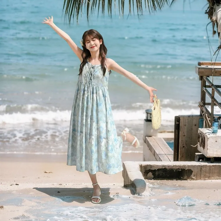 Sweet French Blue Oil Painting Print Suspender Dress