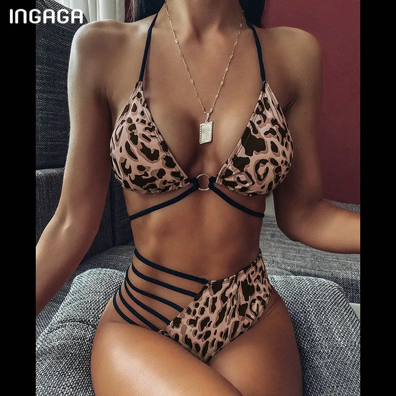 VenusFox High Waist Bikinis Set 2021 Swimsuits Push Up Swimwear Women String Halter Biquini Brazilian Leopard Bathing Suit Women