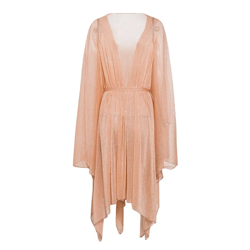 VenusFox In-X Sexy gold swimsuit cover ups women Summer beach dress Strap belt cover up Kaftan Ladies kimono Bat sleeve Beach wear bather
