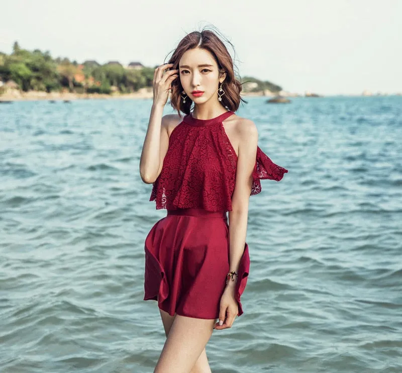 VenusFox Two Wearing Ways Conservative Swimsuit Skirt Lace Sleeve One Piece Swimwear Women Back Buckle Swimming Suit Beach Wear Black Red