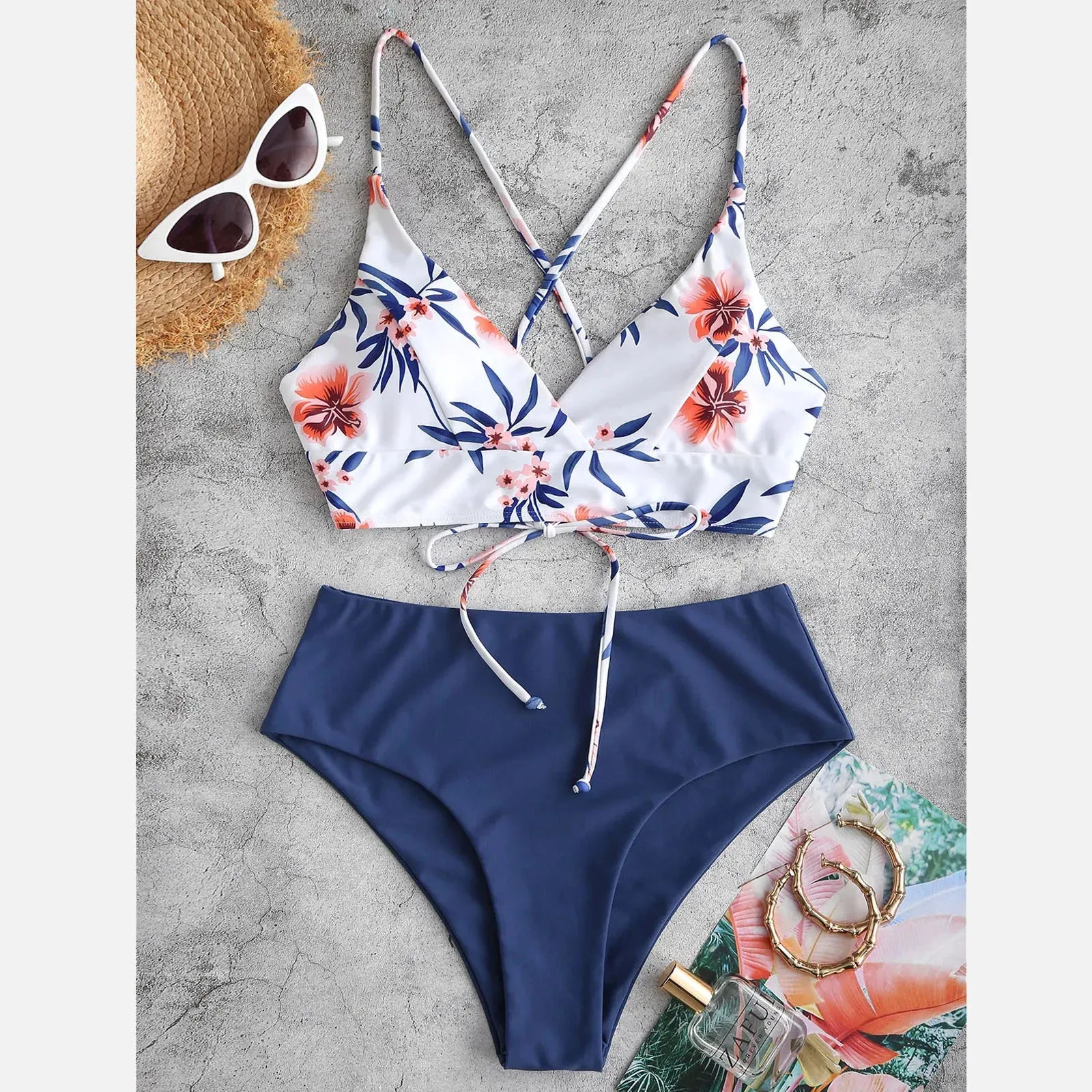 Woman Swimsuits Print Bikini Flower Size