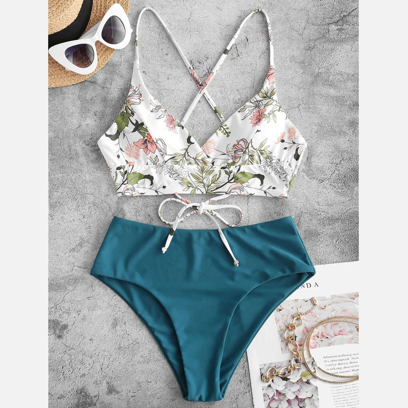Woman Swimsuits Print Bikini Flower Size