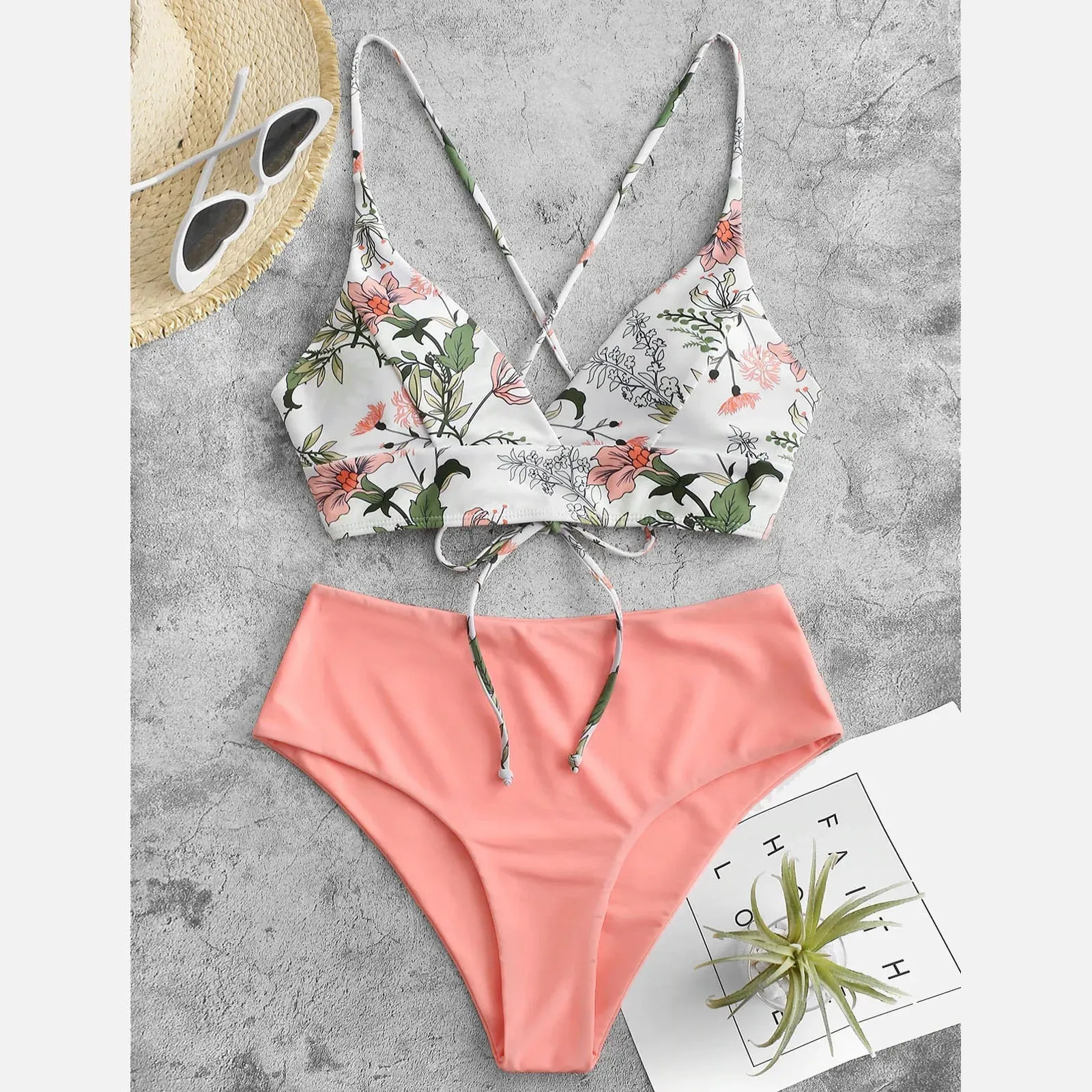 Woman Swimsuits Print Bikini Flower Size