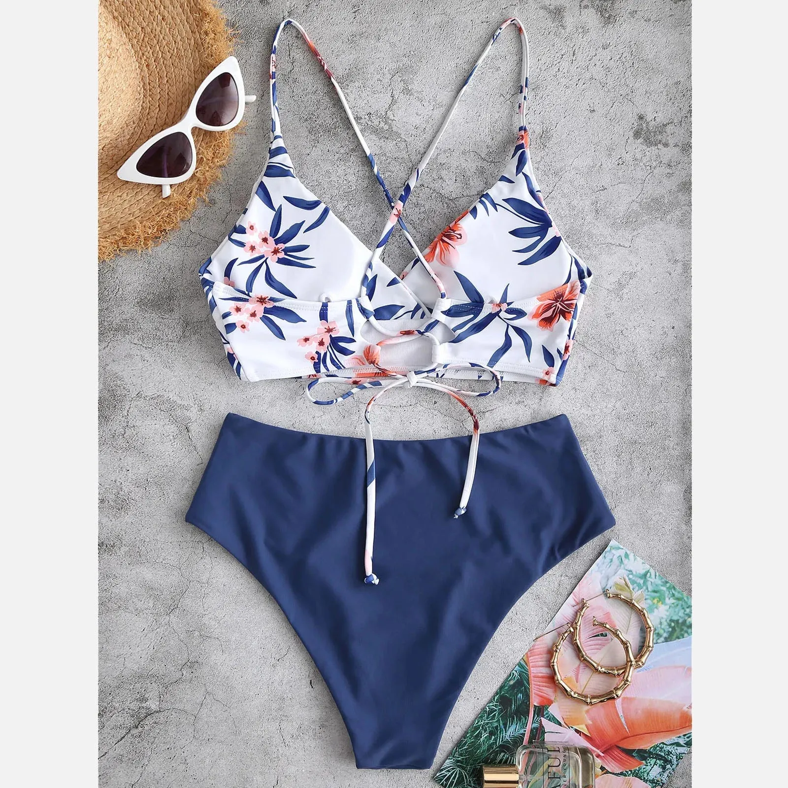 Woman Swimsuits Print Bikini Flower Size
