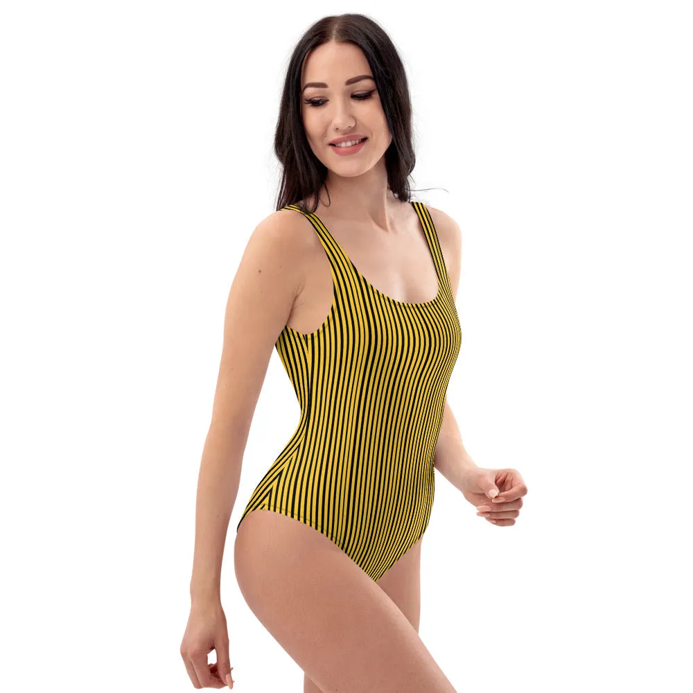 Yellow Striped Women's Swimwear, One-Piece Swimsuit- Made in USA/EU (US Size: XS-3XL)